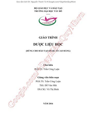 GIÁO TRÌNH DƯỢC LIỆU HỌC (DÙNG CHO ĐÀO TẠO DƯỢC SĨ CAO ĐẲNG) TRẦN CÔNG LUẬN ĐH TÂY ĐÔ NĂM 2016