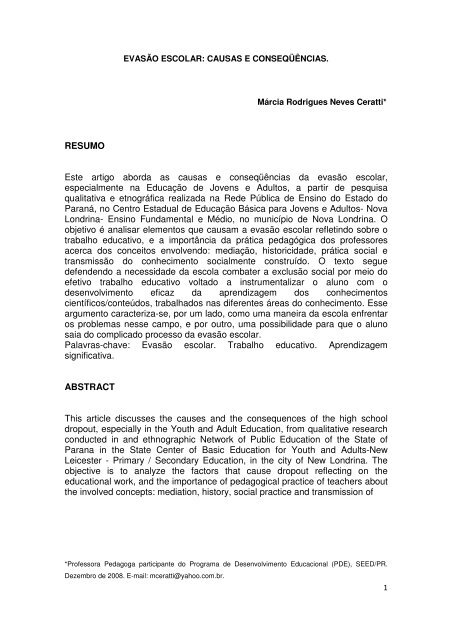 EVASÃO ESCOLAR - CAUSAS E CONSEQUÊNCIAS