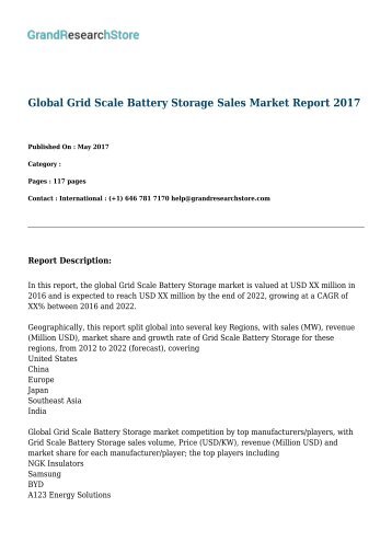 Global Grid Scale Battery Storage Sales Market Report 2017