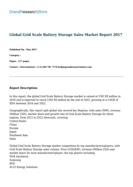 Global Grid Scale Battery Storage Sales Market Report 2017
