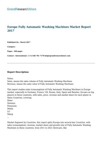 Europe Fully Automatic Washing Machines Market Report 2017