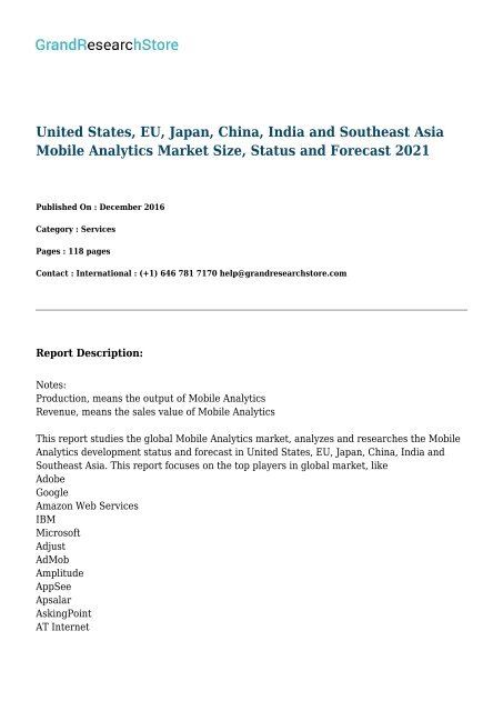 United States, EU, Japan, China, India and Southeast Asia Mobile Analytics Market Size, Status and Forecast 2021