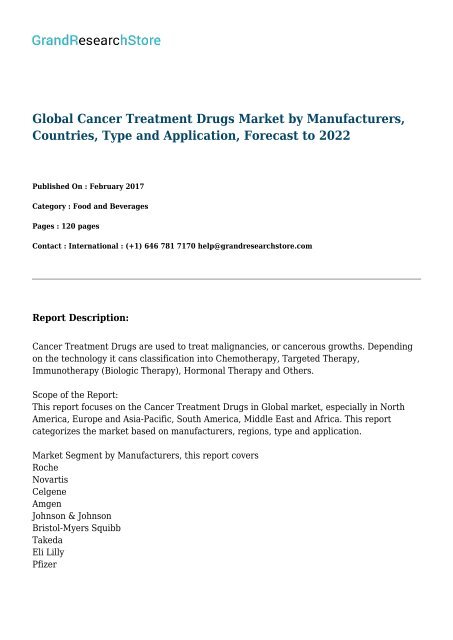 Global Cancer Treatment Drugs Market by Manufacturers, Countries, Type and Application, Forecast to 2022