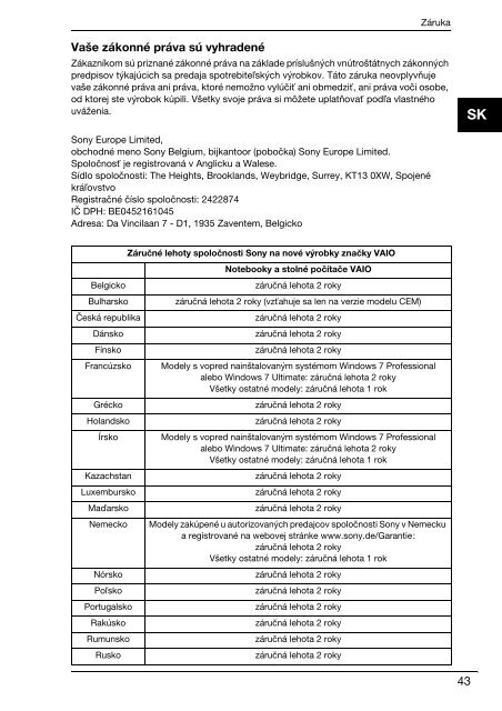 Sony VPCEC4S0E - VPCEC4S0E Documents de garantie Slovaque