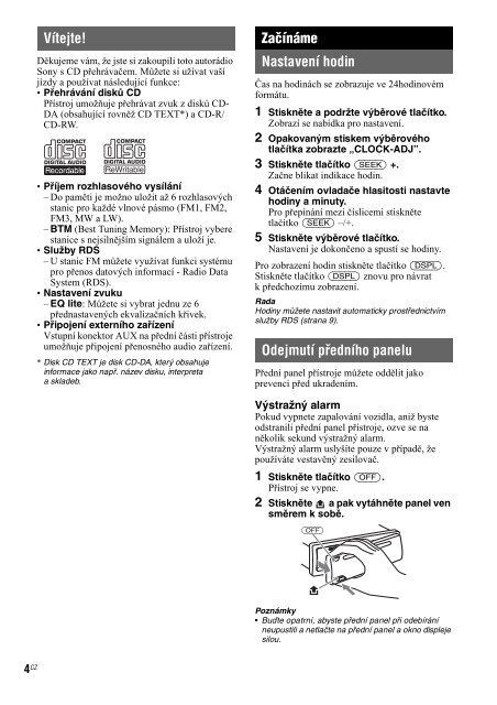 Sony CDX-GT111 - CDX-GT111 Consignes d&rsquo;utilisation Tch&egrave;que