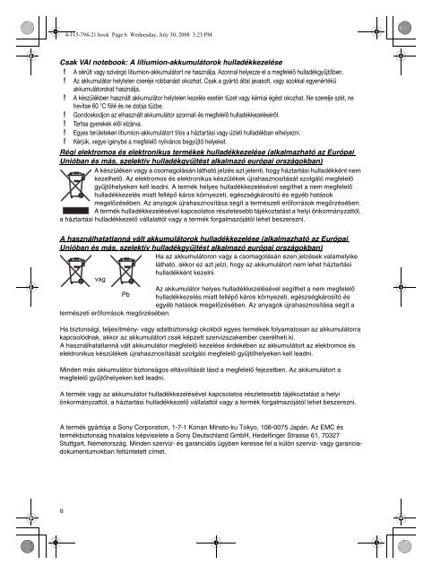 Sony VGN-NS11ZR - VGN-NS11ZR Documents de garantie Hongrois