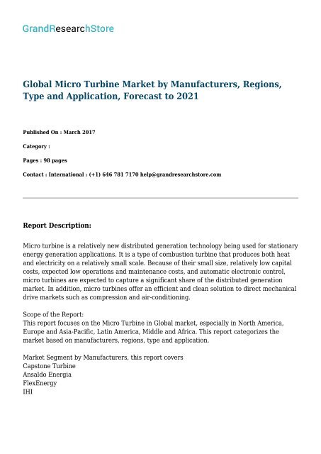 Global Micro Turbine Market by Manufacturers, Regions, Type and Application, Forecast to 2021