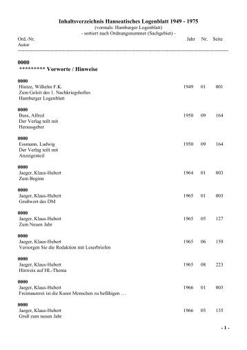 Inhaltsverzeichnis Hanseatisches Logenblatt 1949 - 1975 0000 ...