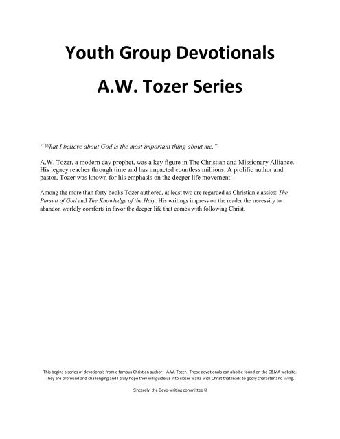 A. W. Tozer - Youth Group Devotionals