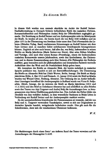 Zu diesem Heft - Freie Verwaltung des Nachlasses von Rudolf Steiner