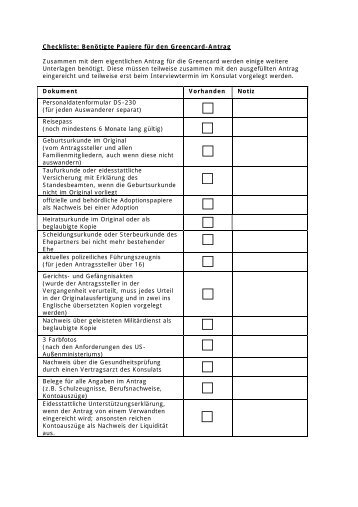 Checkliste für einen Greencard-Antrag - USA Greencard