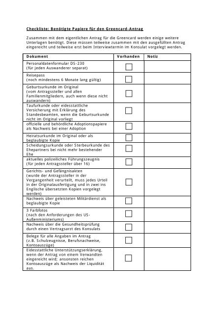 Checkliste für einen Greencard-Antrag - USA Greencard