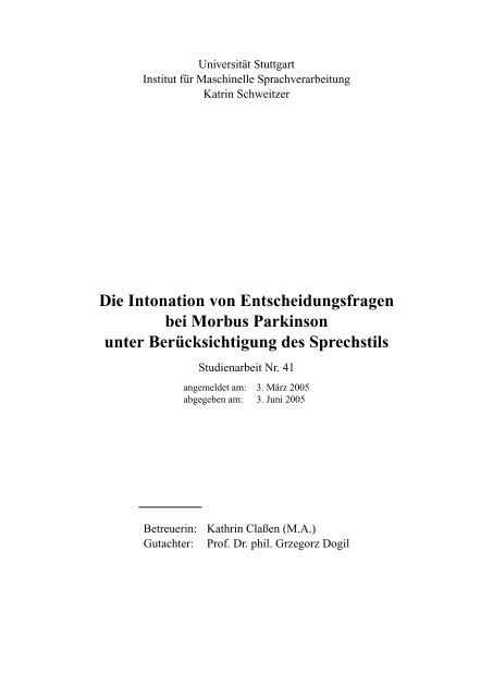 Die Intonation von Entscheidungsfragen bei Morbus Parkinson unter ...