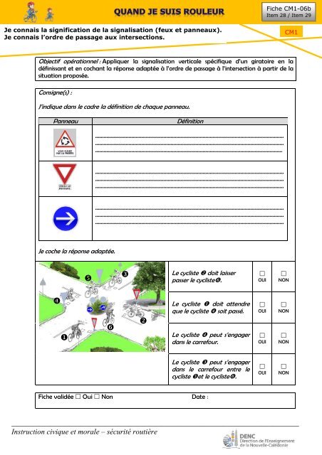 Fiches de validation de l'APER, livret de l'élève CM1