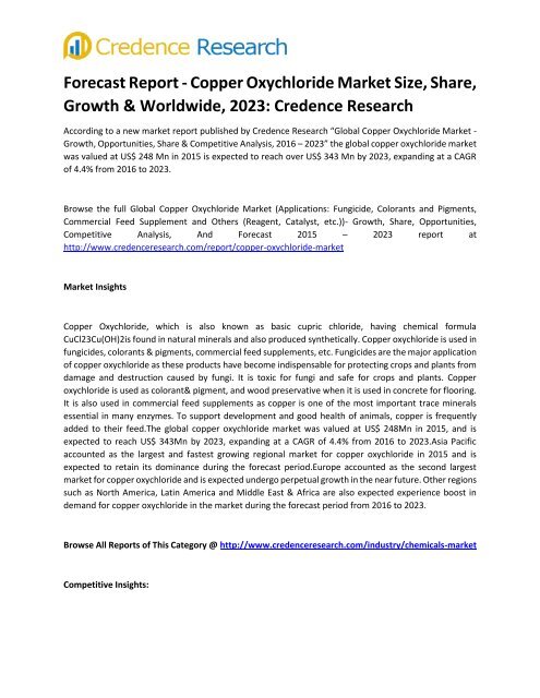 Forecast Report - Copper Oxychloride Market Size, Share, Growth & Worldwide, 2023: Credence Research