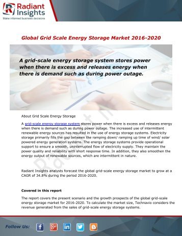 Global Grid Scale Energy Storage Market and Forecast Report to 2020:Radiant Insights, Inc