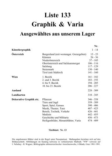 Liste 133 Graphik & Varia - Wiener Antiquariat Ingo Nebehay
