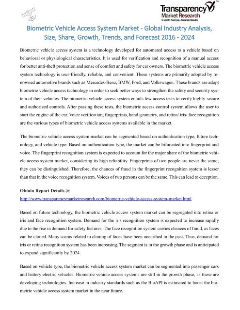 Biometric Vehicle Access System Market - Global Industry Analysis, Size, Share, Growth, Trends, and Forecast 2016 - 2024