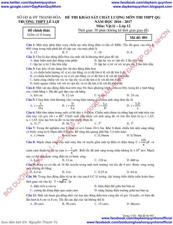 Đề thi thử THPTQG 2017 Vật Lý THPT Lê Lợi THPT Ninh Hải Nguyễn Đức Mậu Phan Bội Châu Lần 3 Nam Đàn Lần 2 có lời giải