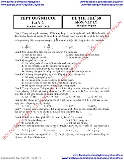 Đề thi thử THPTQG 2017 Vật Lý Sở GDĐT Tuyên Quang Lần 2 THPT Triệu Sơn 2 Lần 3 Quỳnh Côi Lần 2 Quảng Xương 1 Chuyên Lam Sơn Lần 2 có lời giải
