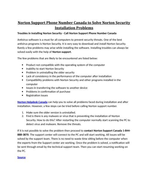 Norton Support Phone Number Canada To Solve Norton Security