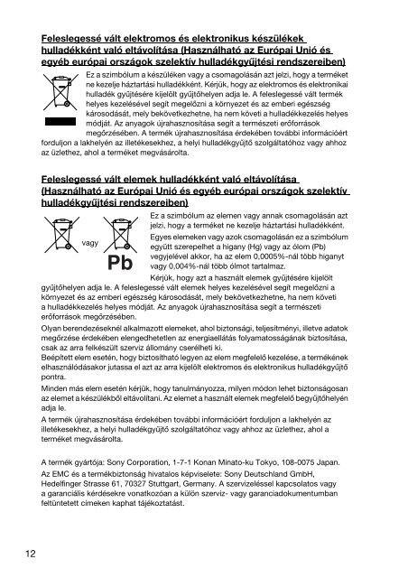 Sony VPCSE2K9E - VPCSE2K9E Documents de garantie Hongrois