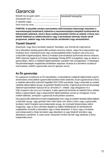 Sony VPCSE2K9E - VPCSE2K9E Documents de garantie Hongrois