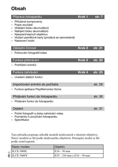 Sony ILCE-5000 - ILCE-5000 Consignes d&rsquo;utilisation Tch&egrave;que