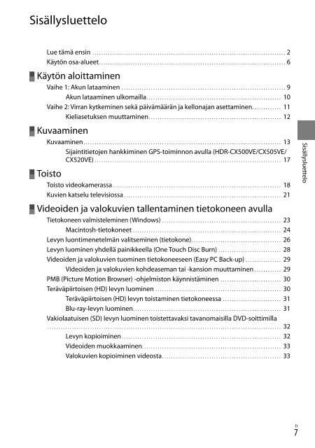 Sony HDR-CX500E - HDR-CX500E Consignes d&rsquo;utilisation Finlandais