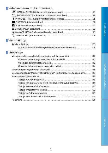 Sony HDR-CX500E - HDR-CX500E Consignes d&rsquo;utilisation Finlandais