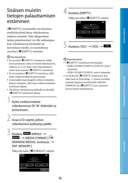 Sony HDR-CX500E - HDR-CX500E Consignes d&rsquo;utilisation Finlandais