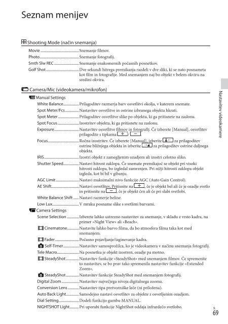 Sony HDR-PJ710VE - HDR-PJ710VE Mode d'emploi Slov&eacute;nien