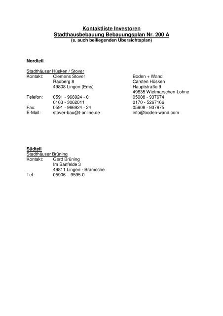 Kontaktliste Investoren zur Stadthausbebauung