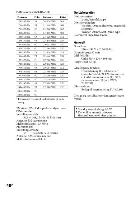 Sony CMT-Z100IR - CMT-Z100IR Consignes d&rsquo;utilisation Danois