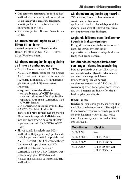 Sony SLT-A58M - SLT-A58M Mode d'emploi Su&eacute;dois