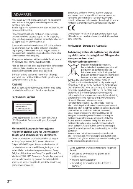 Sony CMT-SBT20B - CMT-SBT20B Consignes d&rsquo;utilisation Norv&eacute;gien