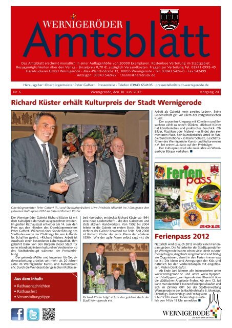 Richard Küster erhält Kulturpreis der Stadt Wernigerode Ferienpass ...