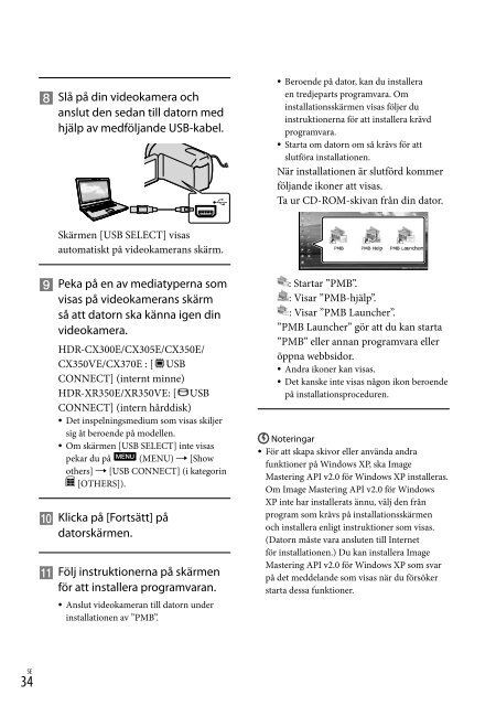 Sony HDR-CX350VE - HDR-CX350VE Consignes d&rsquo;utilisation Su&eacute;dois