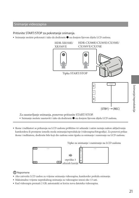 Sony HDR-CX350VE - HDR-CX350VE Mode d'emploi Croate