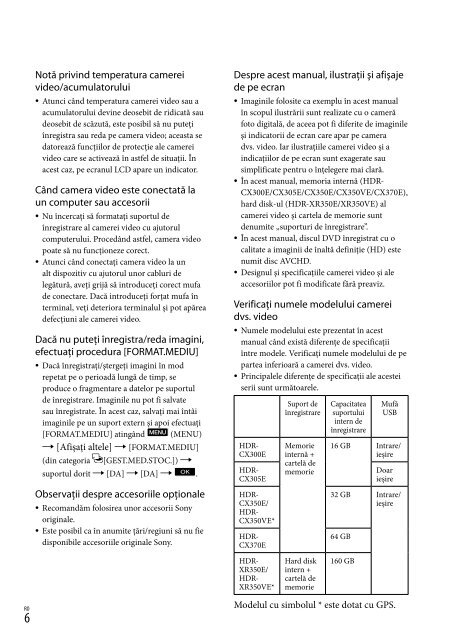 Sony HDR-CX350VE - HDR-CX350VE Consignes d&rsquo;utilisation Roumain