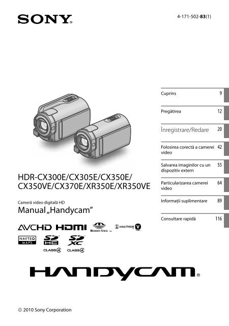 Sony HDR-CX350VE - HDR-CX350VE Consignes d&rsquo;utilisation Roumain