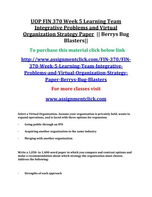 UOP FIN 370 Week 5 Learning Team Integrative Problems and Virtual Organization Strategy Paper