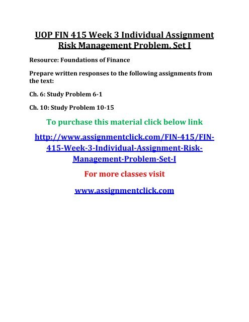 UOP FIN 415 Week 3 Individual Assignment Risk Management Problem