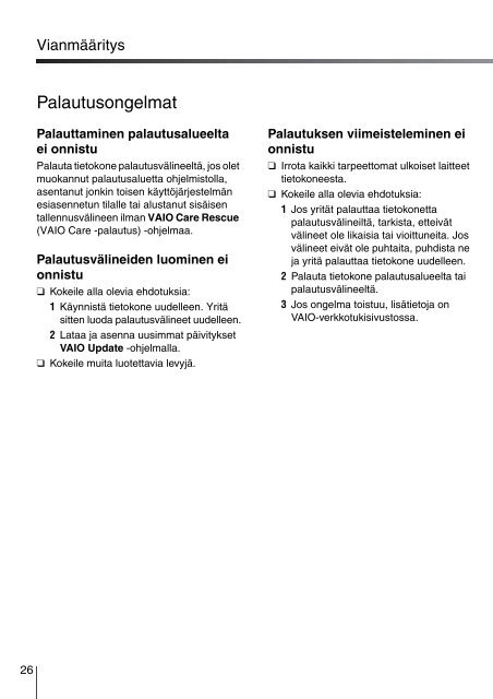 Sony VPCEB3M1R - VPCEB3M1R Guide de d&eacute;pannage Finlandais