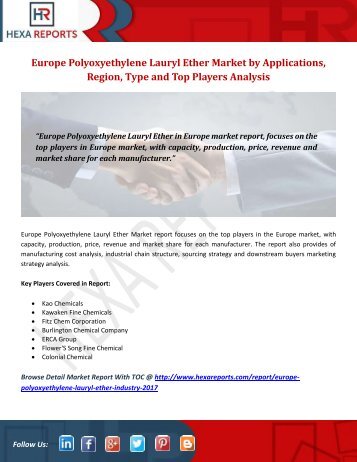 Europe Polyoxyethylene Lauryl Ether Market by Applications, Region, Type and Top Players Analysis