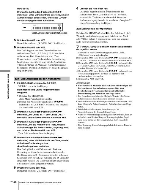 Sony MDS-JE640 - MDS-JE640 Consignes d&rsquo;utilisation Fran&ccedil;ais