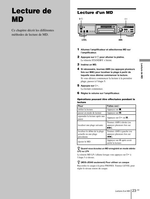 Sony MDS-JE640 - MDS-JE640 Consignes d&rsquo;utilisation Fran&ccedil;ais