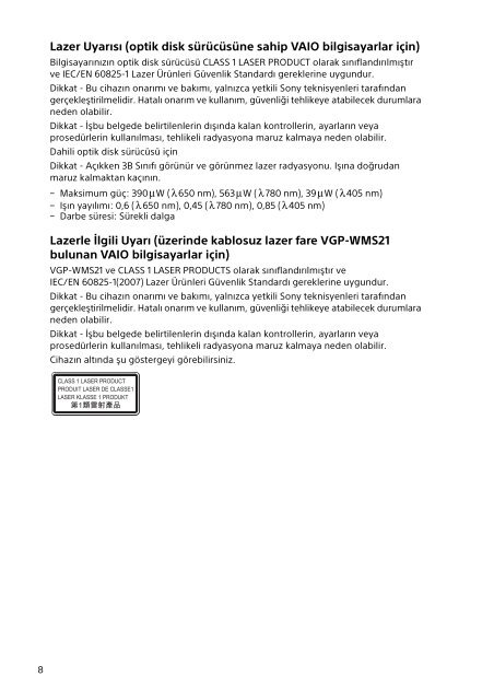 Sony SVE1713W1E - SVE1713W1E Documents de garantie Turc