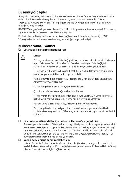 Sony SVE1713W1E - SVE1713W1E Documents de garantie Turc