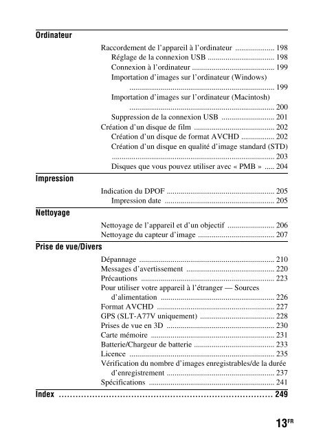 Sony SLT-A77M - SLT-A77M Consignes d&rsquo;utilisation Fran&ccedil;ais